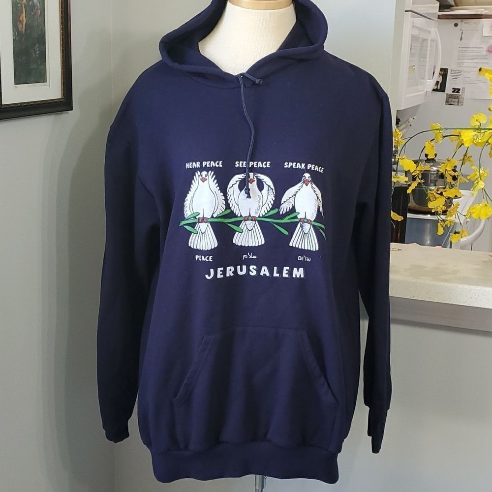 Jerusalem hoodie, XL navy blue, with three white doves. Excellent used condition